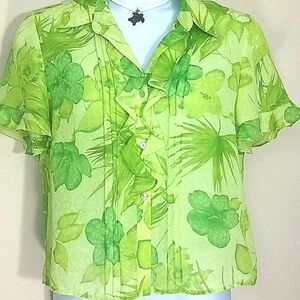 Tropical Ruffled Blouse Button short Bell sleeve Palm Floral Green Collar